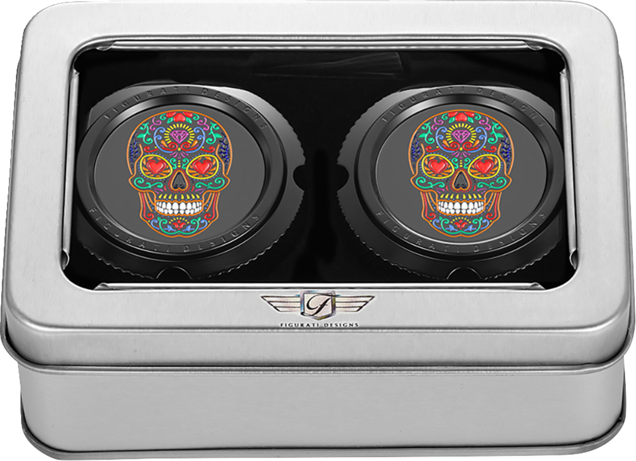 FIGURATI DESIGNS Axle Nut Cover - Front - Stainless Steel - Sugar Skull - Black FD30-FAC-BLK