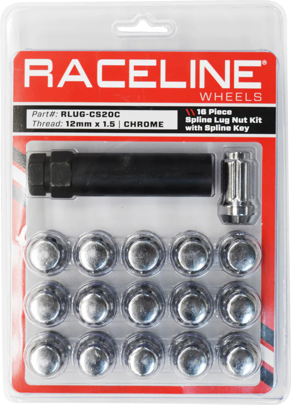RACELINE WHEELS Lug Nuts - Spline Socket - 12 mm x 1.5" - with Spline Key - Chrome - 16 Pack RLUG-CS20C