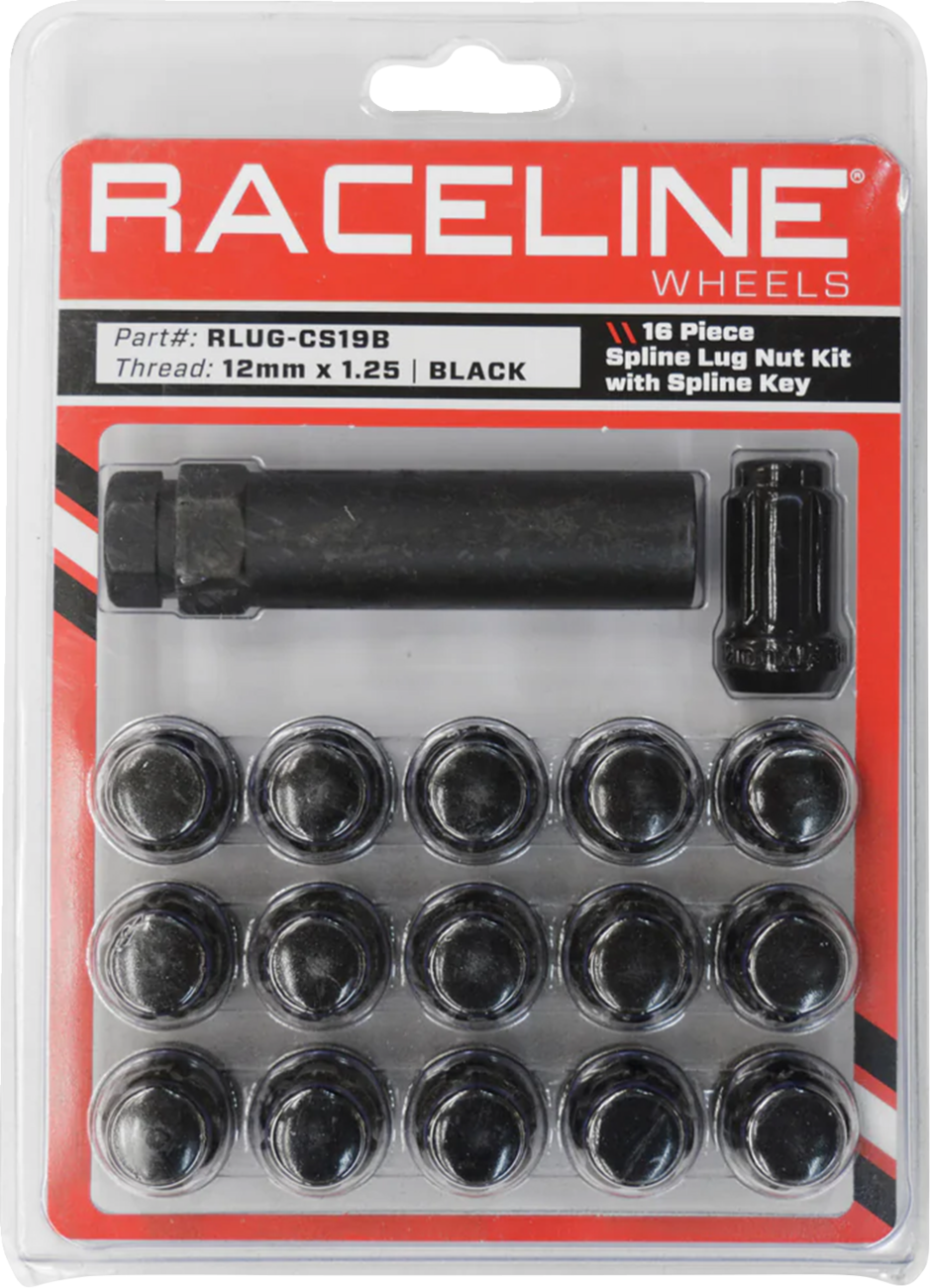 RACELINE WHEELS Lug Nuts - Spline Socket - 12 mm x 1.25" - with Spline Key - Black - 16 Pack RLUG-CS19B