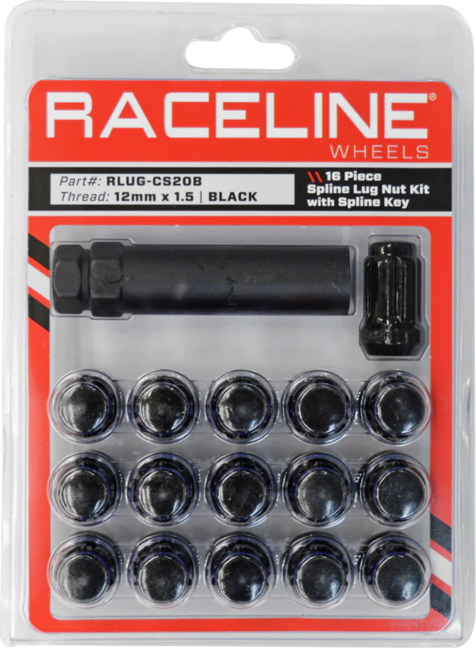 RACELINE WHEELS Lug Nuts - Spline Socket - 12 mm x 1.5" - with Spline Key - Black - 16 Pack RLUG-CS20B