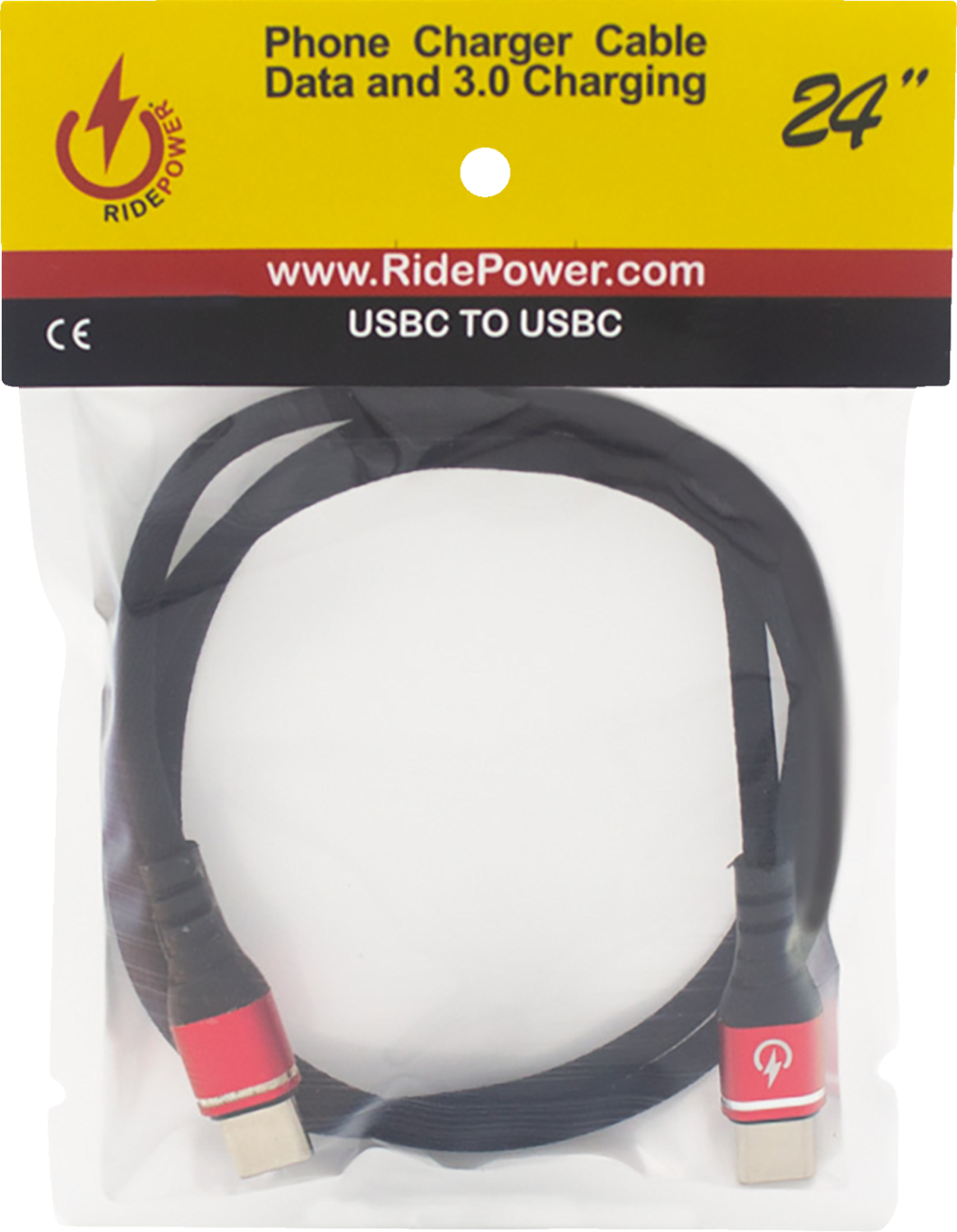 RIDEPOWER Male USB-C to Male USB-C Cable - Phone - Fast/Charger - 24" - Black/Red RPUSBCUSBC24