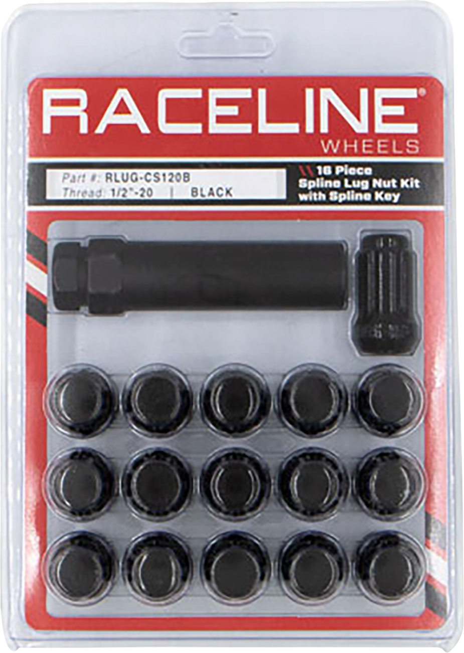 RACELINE WHEELS Lug Nuts - Spline Socket - 1/2"-20 - with Spline Key - Black - 16 Pack RLUG-CS120B