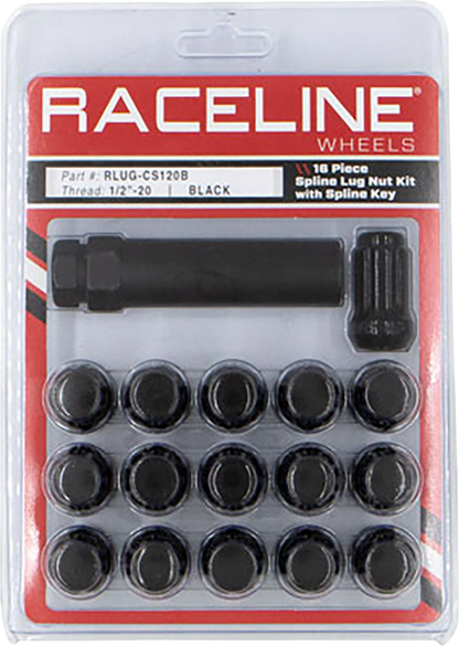 RACELINE WHEELS Lug Nuts - Spline Socket - 1/2"-20 - with Spline Key - Black - 16 Pack RLUG-CS120B