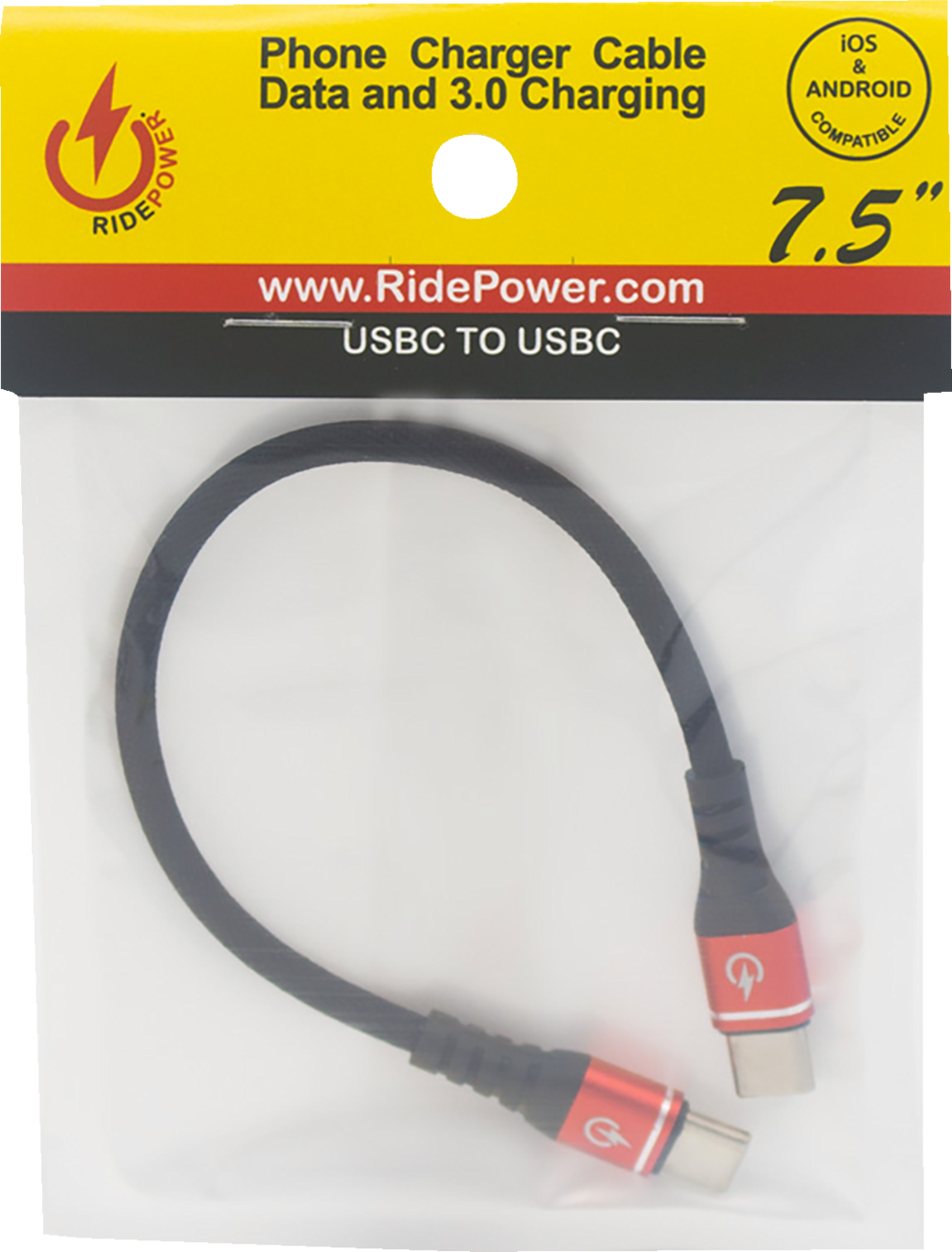 RIDEPOWER Male USB-C to Male USB-C Cable - Phone Charger - Heavy-Duty - 7-1/2" - Black/Red RPUSBCUSBC75