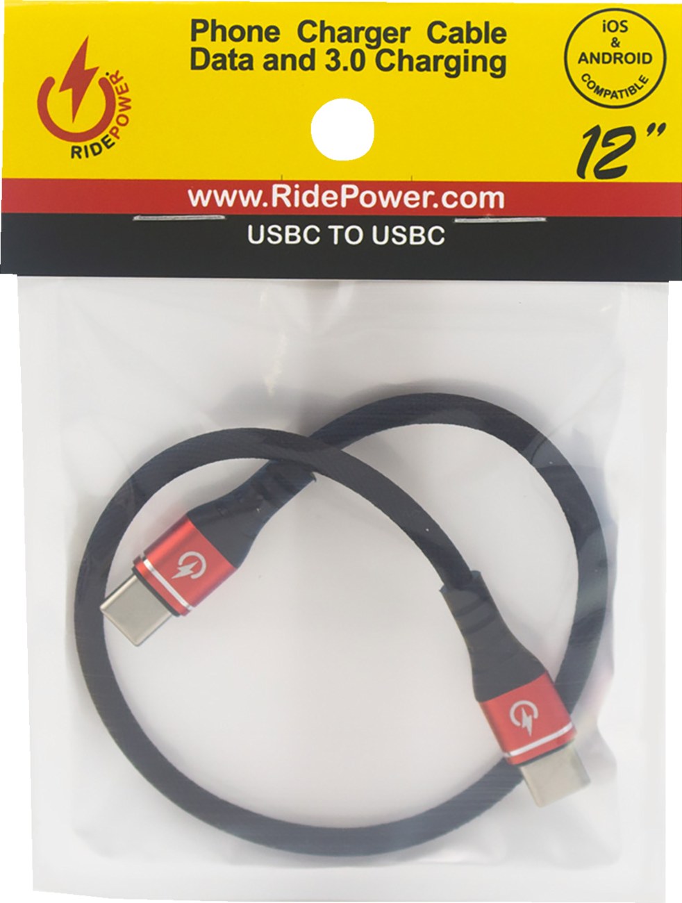 RIDEPOWER Male USB-C to Male USB-C Cable - Phone - Charger - 12" - Black/Red RPUSBCUSBC12