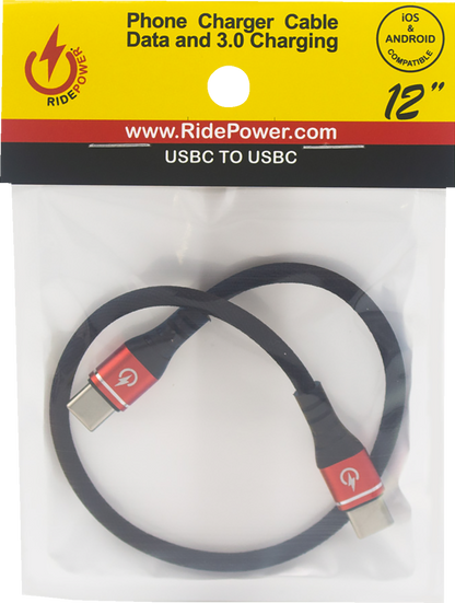 RIDEPOWER Male USB-C to Male USB-C Cable - Phone - Charger - 12" - Black/Red RPUSBCUSBC12