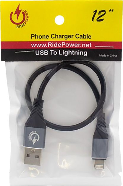 RIDEPOWER Male USB to Male Lightning Cable - Phone - Charger - 12" - Black/Gray RPUSBLHT12