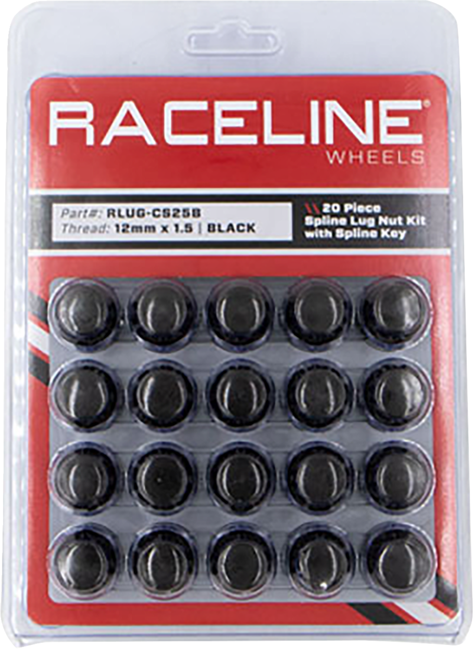 RACELINE WHEELS Lug Nuts - Spline Socket - 12 mm x 1.5" - with Spline Key - Black - 20 Pack RLUG-CS25B