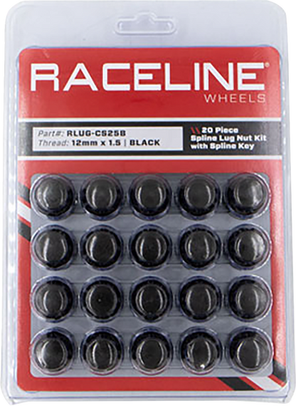 RACELINE WHEELS Lug Nuts - Spline Socket - 12 mm x 1.5" - with Spline Key - Black - 20 Pack RLUG-CS25B