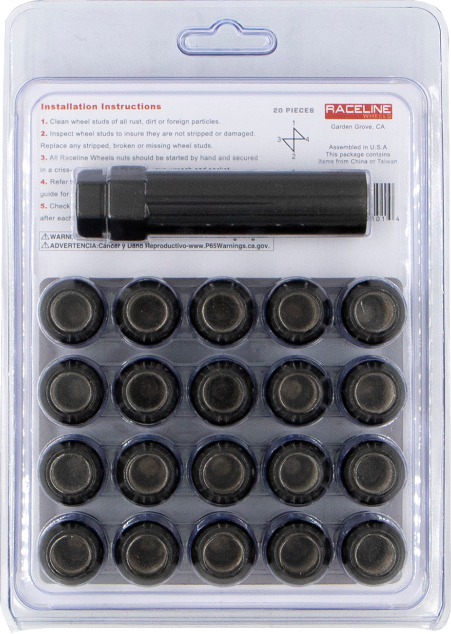 RACELINE WHEELS Lug Nuts - Spline Socket - 12 mm x 1.5" - with Spline Key - Black - 20 Pack RLUG-CS25B