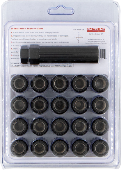 RACELINE WHEELS Lug Nuts - Spline Socket - 12 mm x 1.5" - with Spline Key - Black - 20 Pack RLUG-CS25B