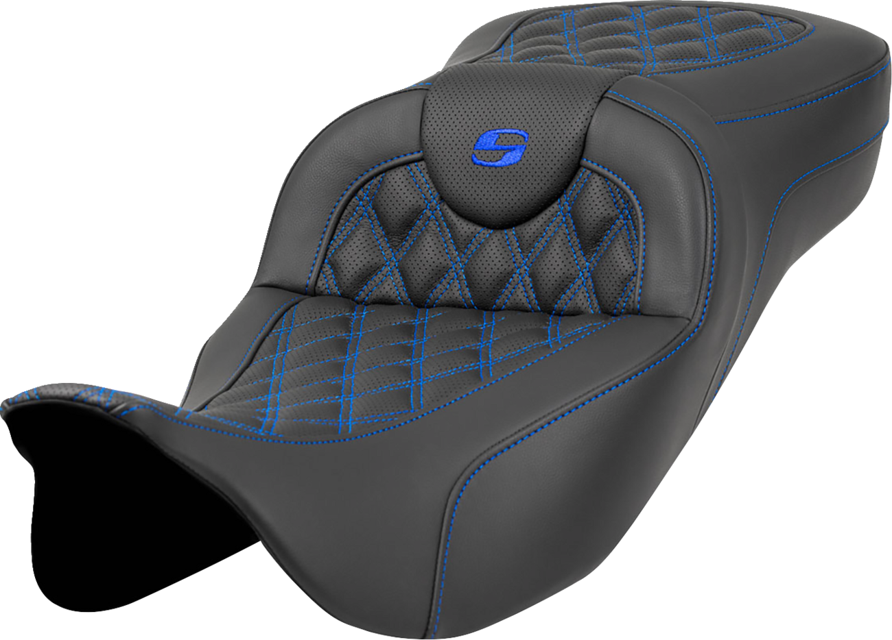 SADDLEMEN Extended Reach Roadsofa™ Seat - Lattice Stitch - Blue Stitch - without Backrest - FL '08-'24 808-07B-18401