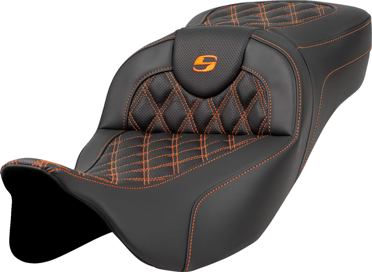 SADDLEMEN Extended Reach Roadsofa™ Seat - Lattice Stitch - Orange Stitch - without Backrest - FL '08-'24 808-07B-18403