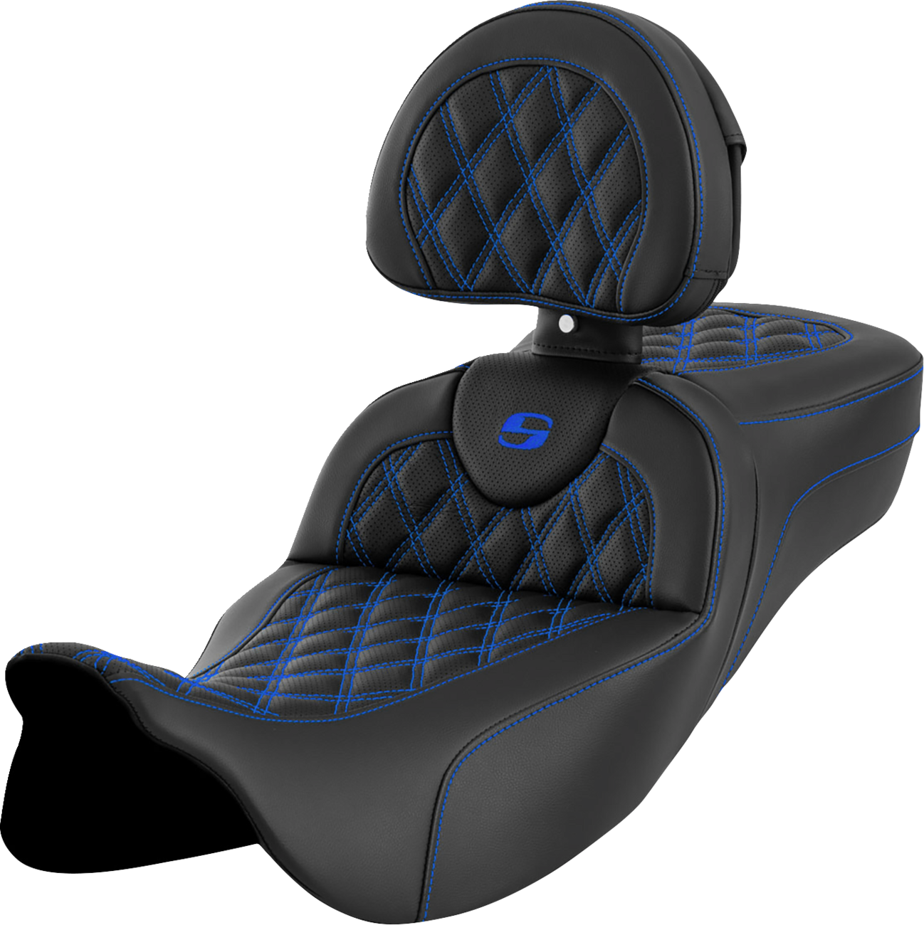 SADDLEMEN Roadsofa™ Extended Reach Seat - Lattice Stitch - Blue Stitch - with Backrest - FL '08-'24 808-07B-184B1