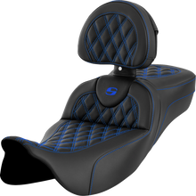 SADDLEMEN Roadsofa™ Extended Reach Seat - Lattice Stitch - Blue Stitch - with Backrest - FL '08-'24 808-07B-184B1