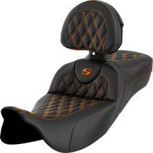 SADDLEMEN Roadsofa™ Extended Reach Seat - Lattice Stitch - Orange Stitch - with Backrest - FL '08-'24 808-07B-184B3