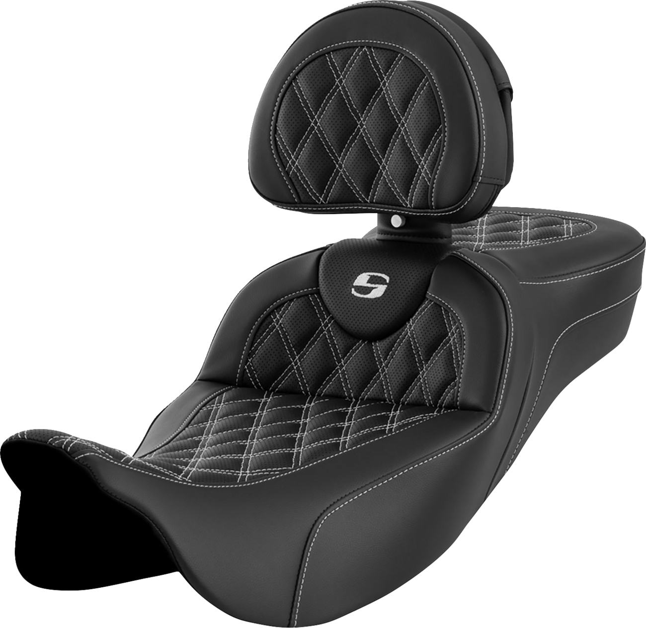 SADDLEMEN Roadsofa™ Extended Reach Seat - Lattice Stitch - White Stitch - with Backrest - FL '08-'24 808-07B-184B6