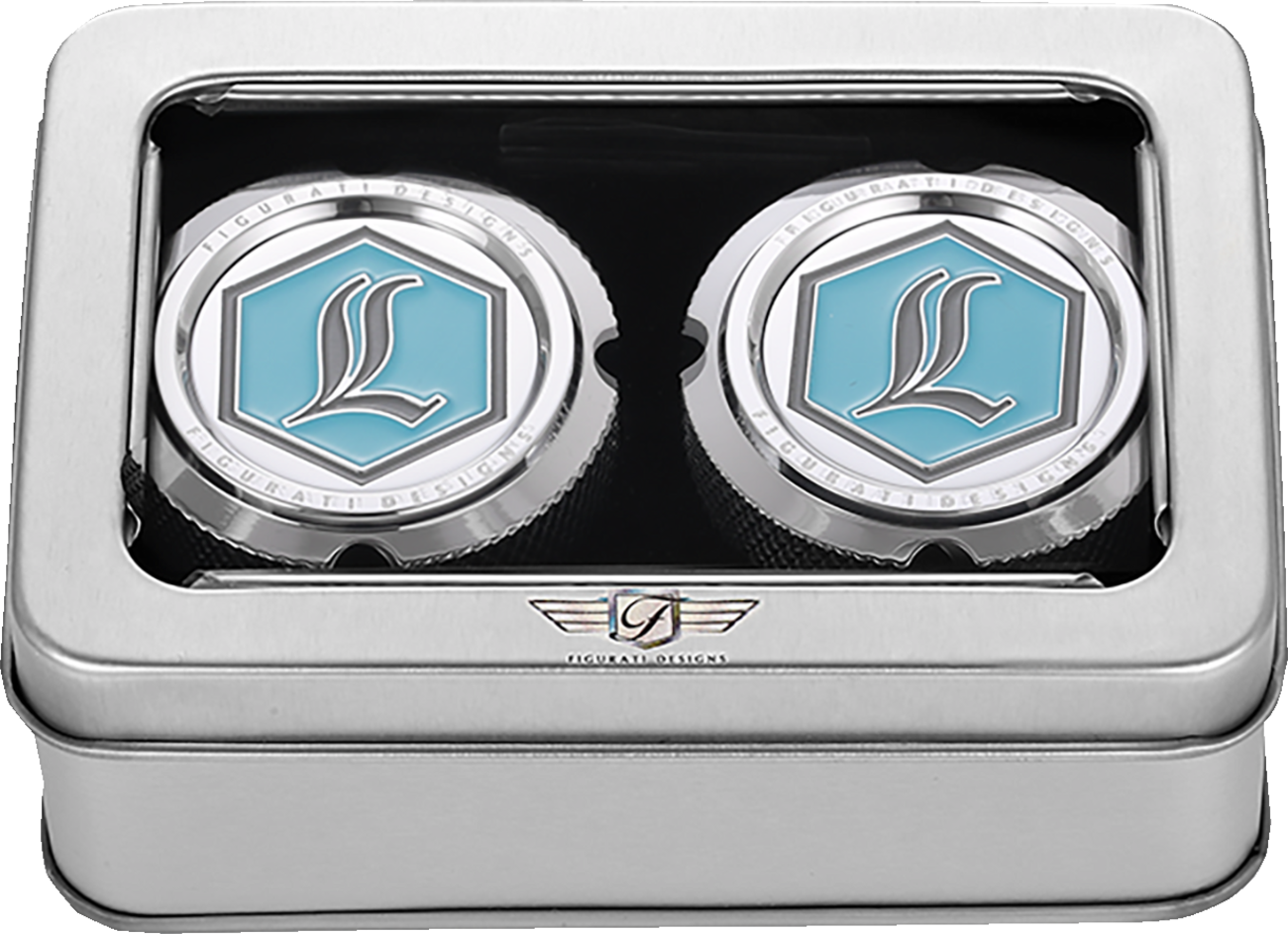 FIGURATI DESIGNS Axle Nut Cover - Front - Stainless Steel - Legends Suspension Logo - Silver FD02-FAC-SS