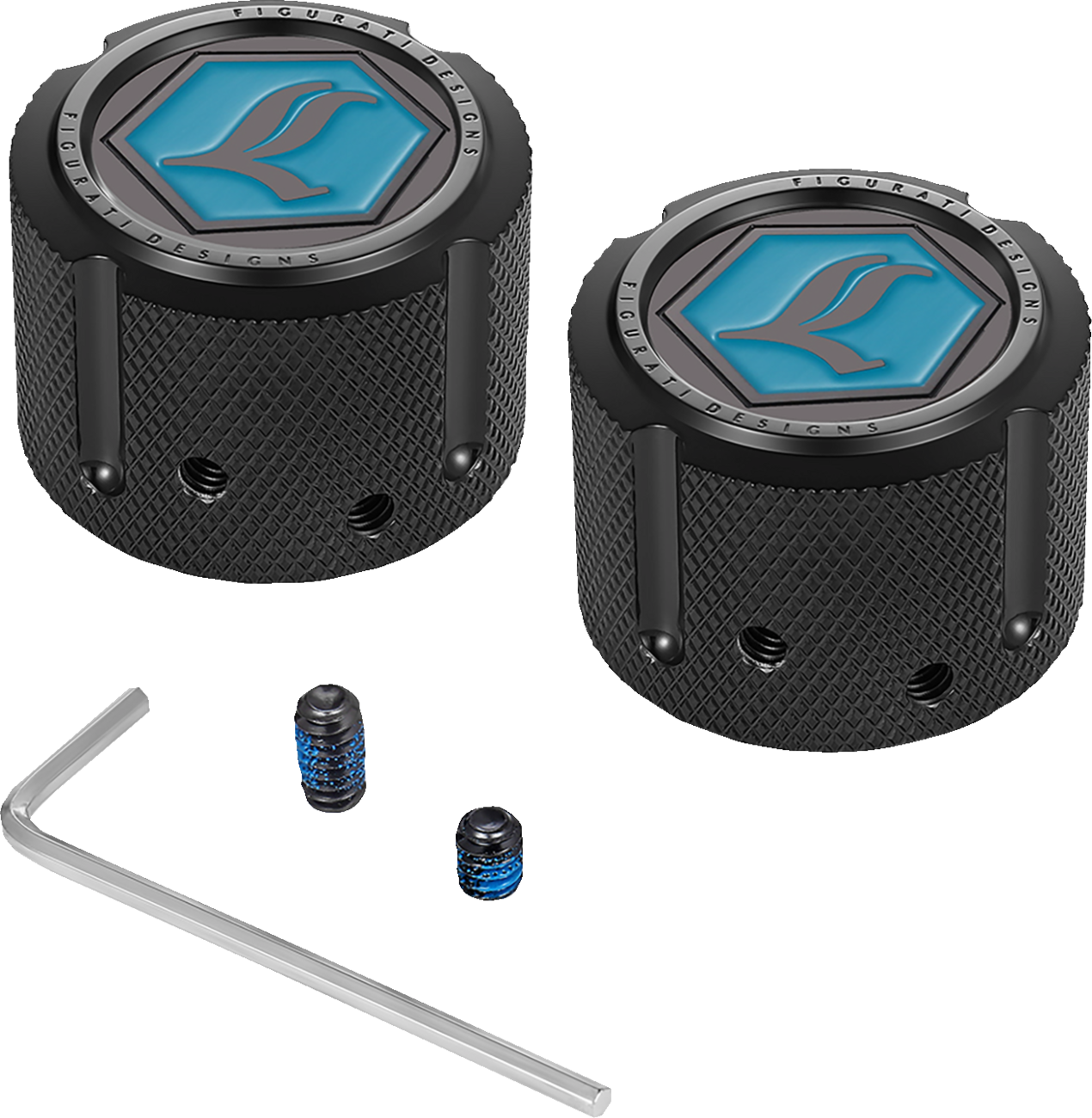 FIGURATI DESIGNS Axle Nut Cover - Front - Stainless Steel - Legends Suspension Logo - Black FD02-FAC-BLK
