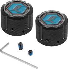 FIGURATI DESIGNS Axle Nut Cover - Front - Stainless Steel - Legends Suspension Logo - Black FD02-FAC-BLK