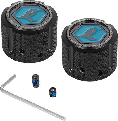 FIGURATI DESIGNS Axle Nut Cover - Front - Stainless Steel - Legends Suspension Logo - Black FD02-FAC-BLK