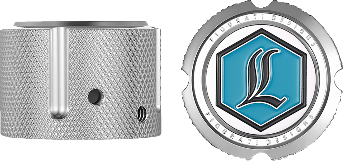 FIGURATI DESIGNS Axle Nut Cover - Front - Stainless Steel - Legends Suspension Logo - Silver FD02-FAC-SS