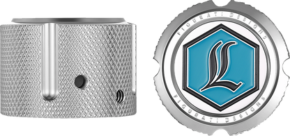 FIGURATI DESIGNS Axle Nut Cover - Front - Stainless Steel - Legends Suspension Logo - Silver FD02-FAC-SS