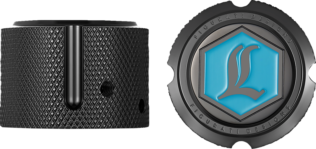 FIGURATI DESIGNS Axle Nut Cover - Front - Stainless Steel - Legends Suspension Logo - Black FD02-FAC-BLK