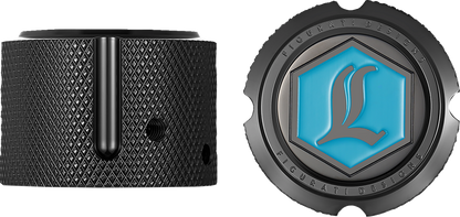 FIGURATI DESIGNS Axle Nut Cover - Front - Stainless Steel - Legends Suspension Logo - Black FD02-FAC-BLK