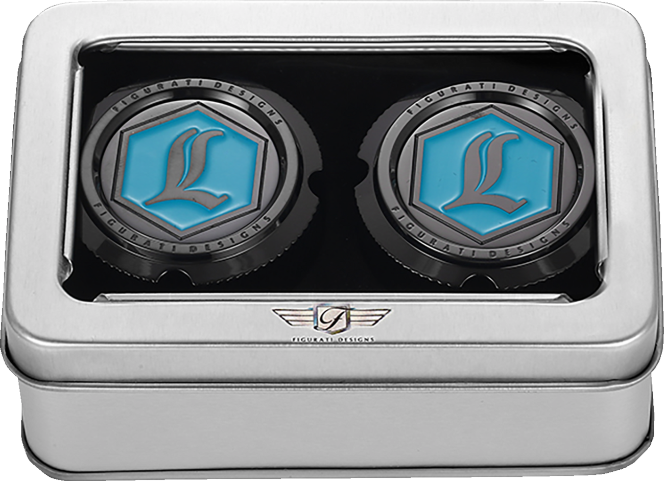 FIGURATI DESIGNS Axle Nut Cover - Front - Stainless Steel - Legends Suspension Logo - Black FD02-FAC-BLK