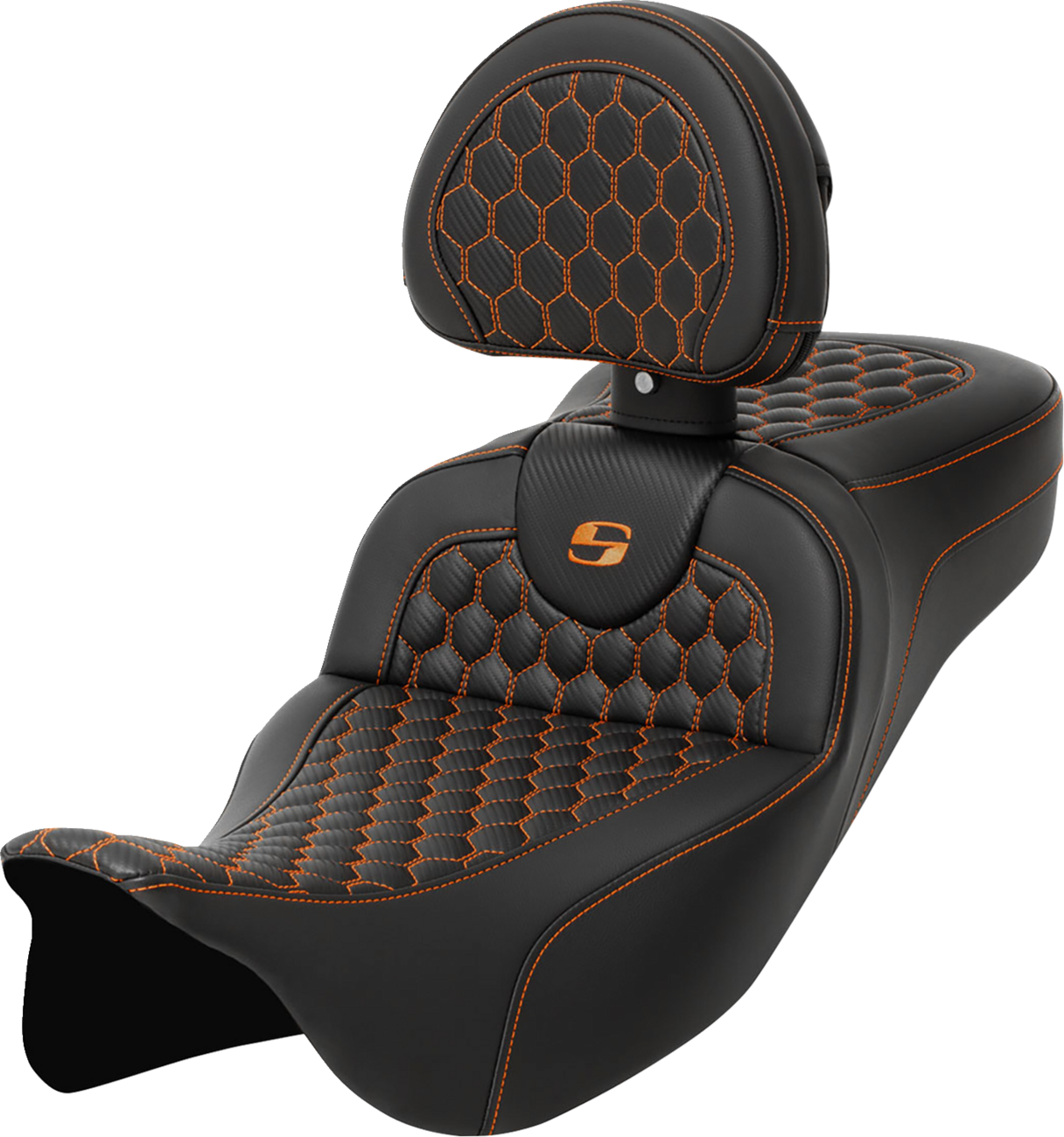 SADDLEMEN RoadSofa™ Seat - Honeycomb - Orange Stitch - with Backrest - Extended Reach - FLH/FLT '08-'24 808-07B-190B3