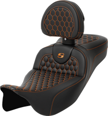 SADDLEMEN RoadSofa™ Seat - Honeycomb - Orange Stitch - with Backrest - Extended Reach - FLH/FLT '08-'24 808-07B-190B3