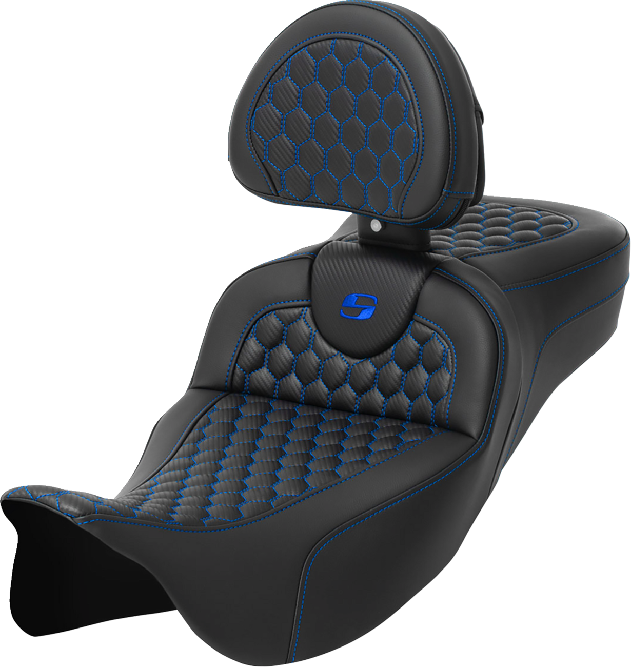 SADDLEMEN RoadSofa™ Seat - Honeycomb - Blue Stitch - with Backrest - Extended Reach - FLH/FLT '08-'24 808-07B-190B1