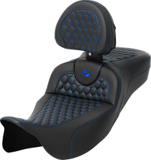 SADDLEMEN RoadSofa™ Seat - Honeycomb - Blue Stitch - with Backrest - Extended Reach - FLH/FLT '08-'24 808-07B-190B1