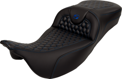 SADDLEMEN RoadSofa™ Seat - Honeycomb - Blue Stitch - Extended Reach - without Backrest - FLH/FLT '08-'24 808-07B-19001