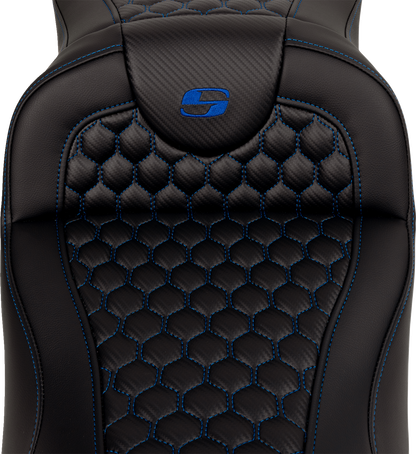 SADDLEMEN RoadSofa™ Seat - Honeycomb - Blue Stitch - Extended Reach - without Backrest - FLH/FLT '08-'24 808-07B-19001
