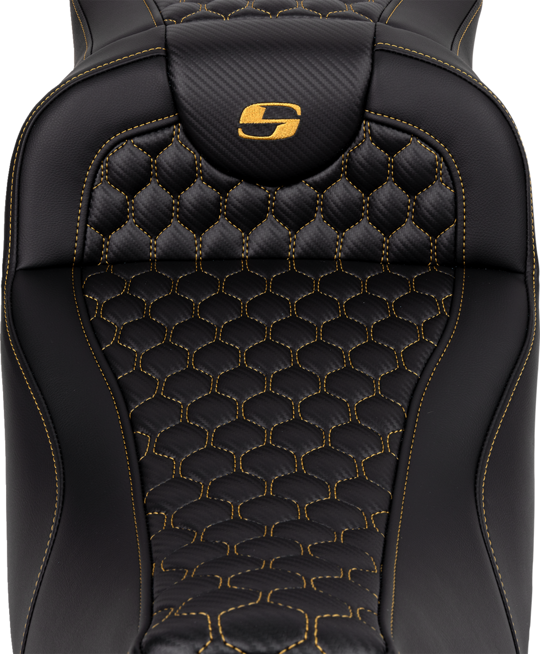 SADDLEMEN RoadSofa™ Seat - Honeycomb - Gold Stitch - Extended Reach - without Backrest - FLH/FLT '08-'24 808-07B-19007