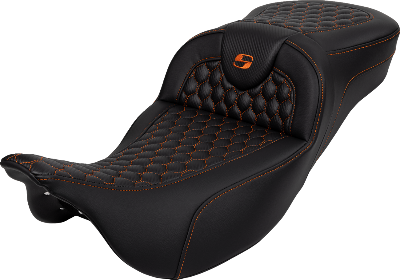 SADDLEMEN RoadSofa™ Seat - Honeycomb - Orange Stitch - Extended Reach - without Backrest - FLH/FLT '08-'24 808-07B-19003