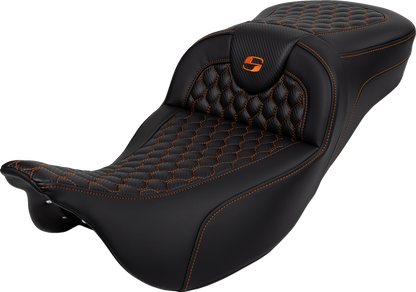 SADDLEMEN RoadSofa™ Seat - Honeycomb - Orange Stitch - Extended Reach - without Backrest - FLH/FLT '08-'24 808-07B-19003