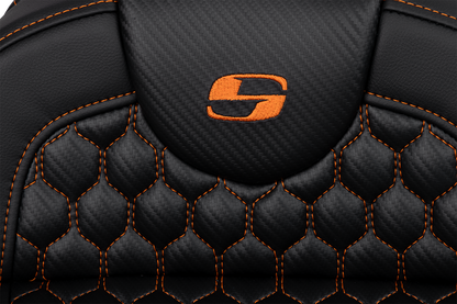 SADDLEMEN RoadSofa™ Seat - Honeycomb - Orange Stitch - Extended Reach - without Backrest - FLH/FLT '08-'24 808-07B-19003