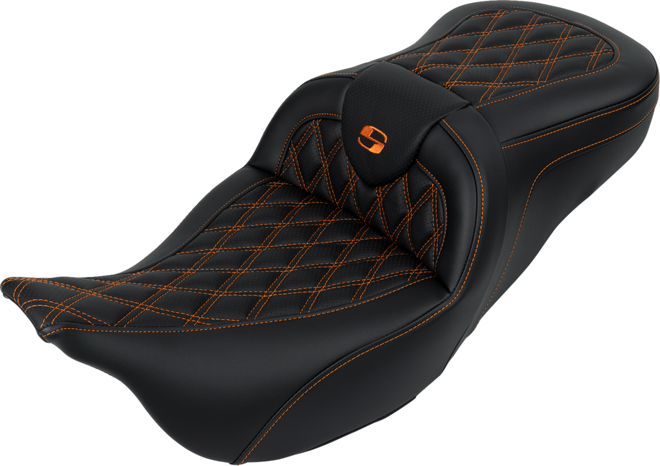 SADDLEMEN Roadsofa™ Seat - with Backrest - Orange Stitch - FL '08-'23 808-07B-182B3