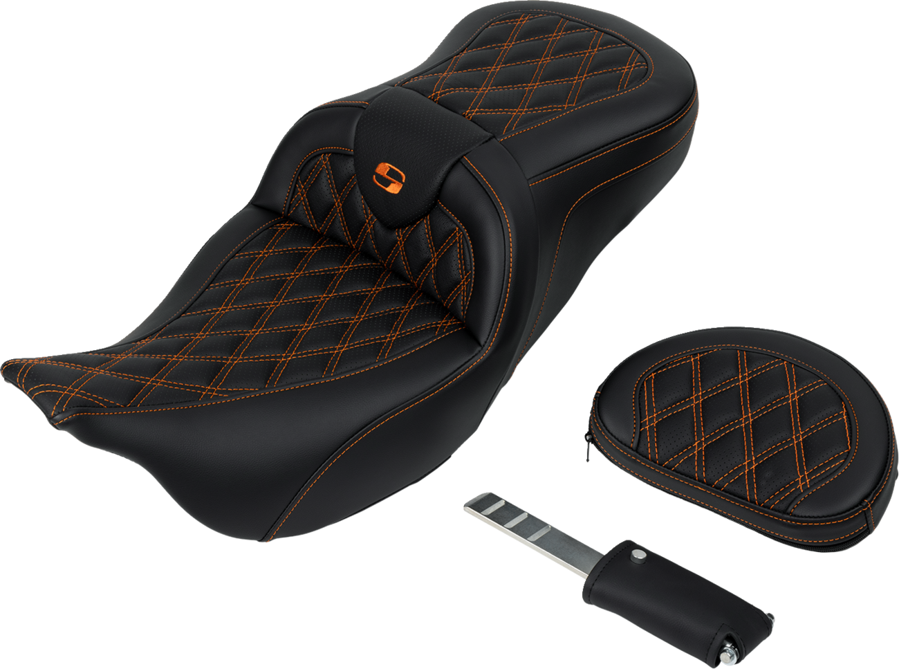 SADDLEMEN Roadsofa™ Seat - with Backrest - Orange Stitch - FL '08-'23 808-07B-182B3
