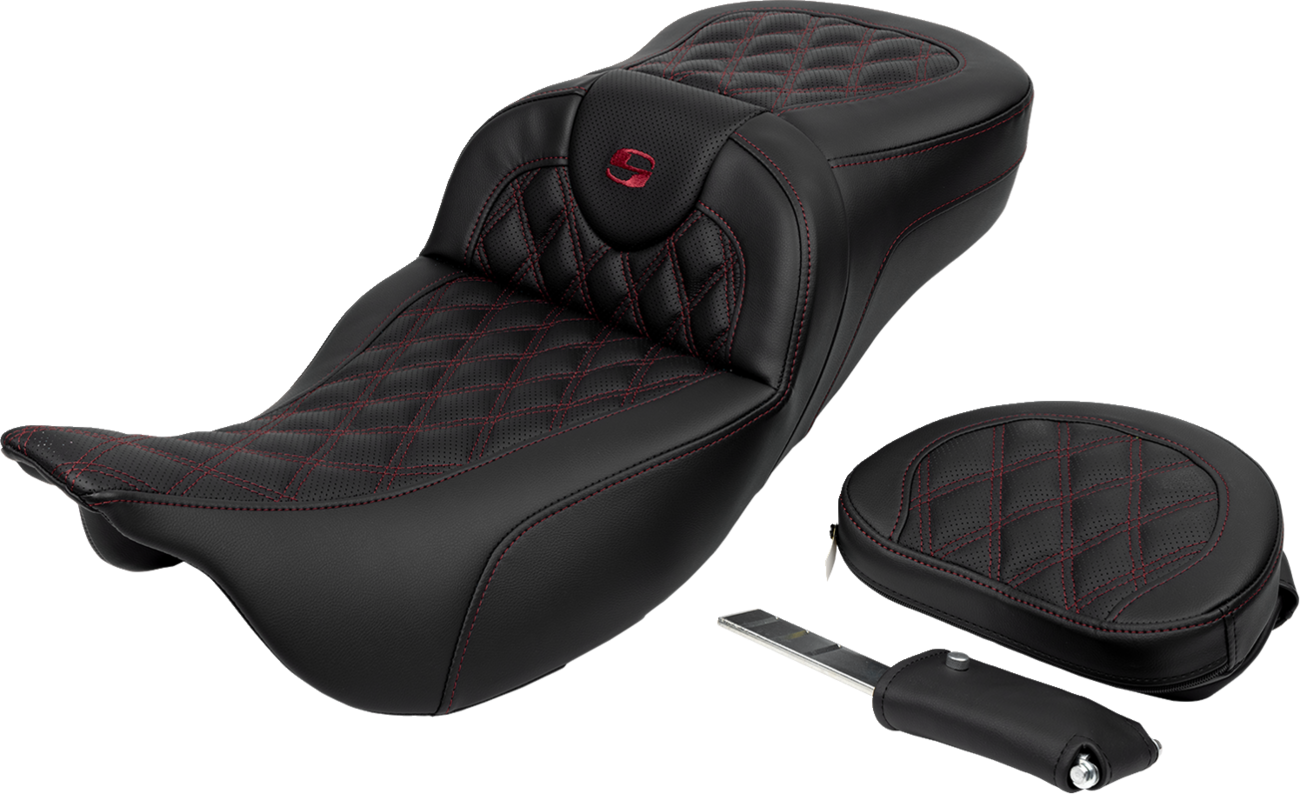 SADDLEMEN Roadsofa™ Extended Reach Seat - Lattice Stitch - Wine Berry Stitch - with Backrest - FL '08-'24 808-07B-184B8