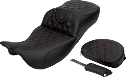 SADDLEMEN Roadsofa™ Extended Reach Seat - Lattice Stitch - Wine Berry Stitch - with Backrest - FL '08-'24 808-07B-184B8