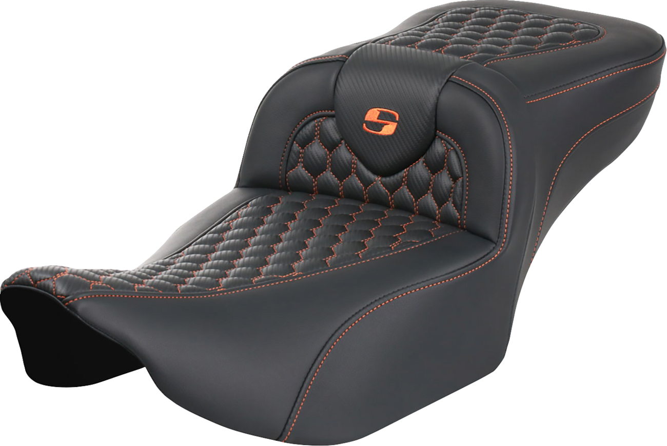 SADDLEMEN Roadsofa™ Extended Reach Seat - without Backrest - Honeycomb - Orange Stitch - FLTR/FLHX '23-'24 823-07-19003