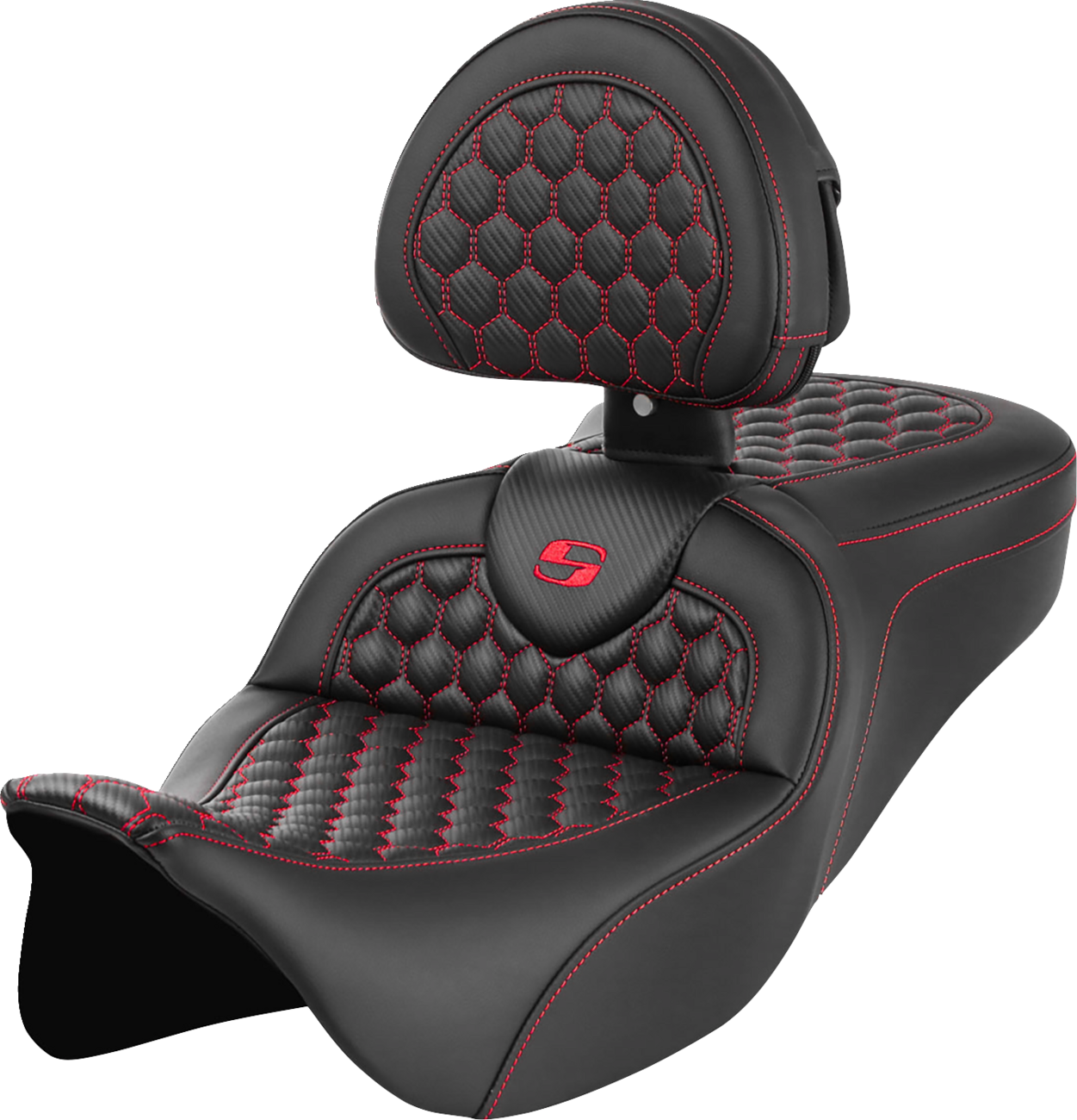 SADDLEMEN RoadSofa™ Seat - Honeycomb - Red Stitch - with Backrest - FLH/FLT '08-'23 808-07B-189B4