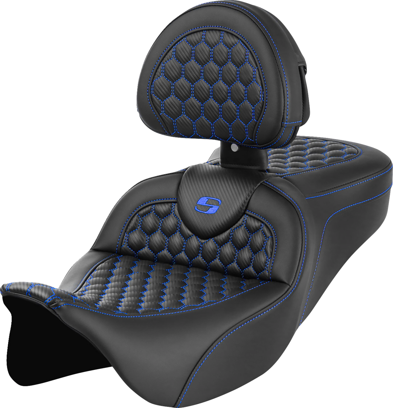 SADDLEMEN RoadSofa™ Seat - Honeycomb - Blue Stitch - with Backrest - FLH/FLT '08-'23 808-07B-189B1