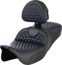 SADDLEMEN RoadSofa™ Seat - Honeycomb - Blue Stitch - with Backrest - FLH/FLT '08-'23 808-07B-189B1
