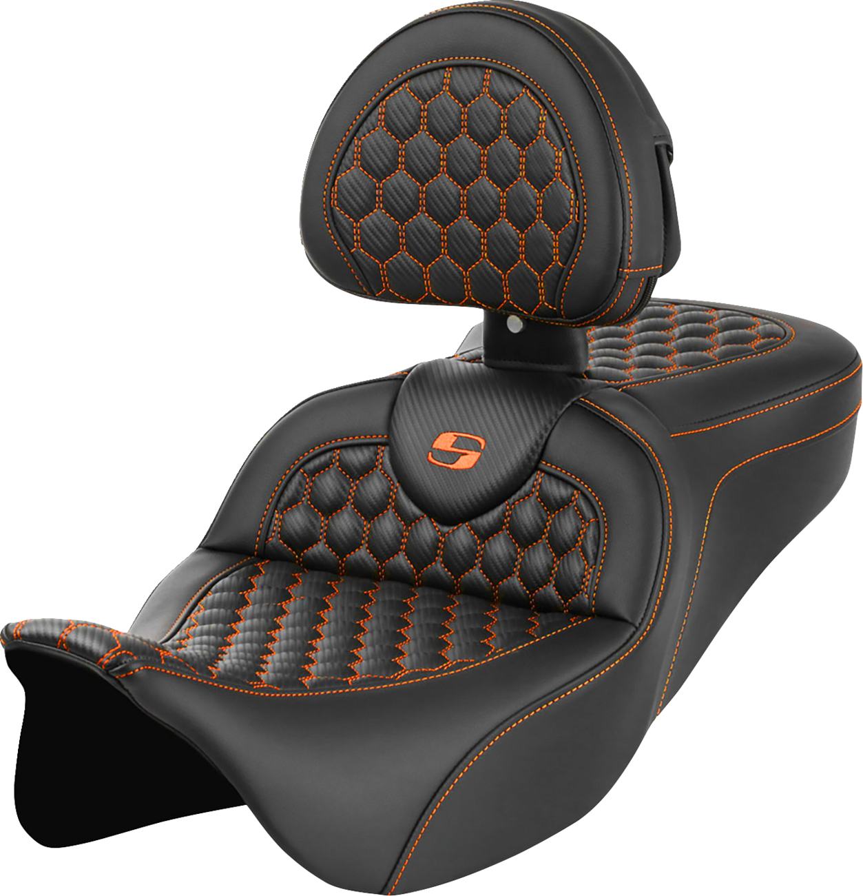 SADDLEMEN RoadSofa™ Seat - Honeycomb - Orange Stitch - with Backrest - FLH/FLT '08-'23 808-07B-189B3