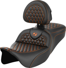 SADDLEMEN RoadSofa™ Seat - Honeycomb - Orange Stitch - with Backrest - FLH/FLT '08-'23 808-07B-189B3